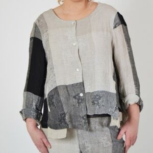 Banana Blue Tempest Jacket Patchwork Linen Button Front Asymmetrical Lagenlook